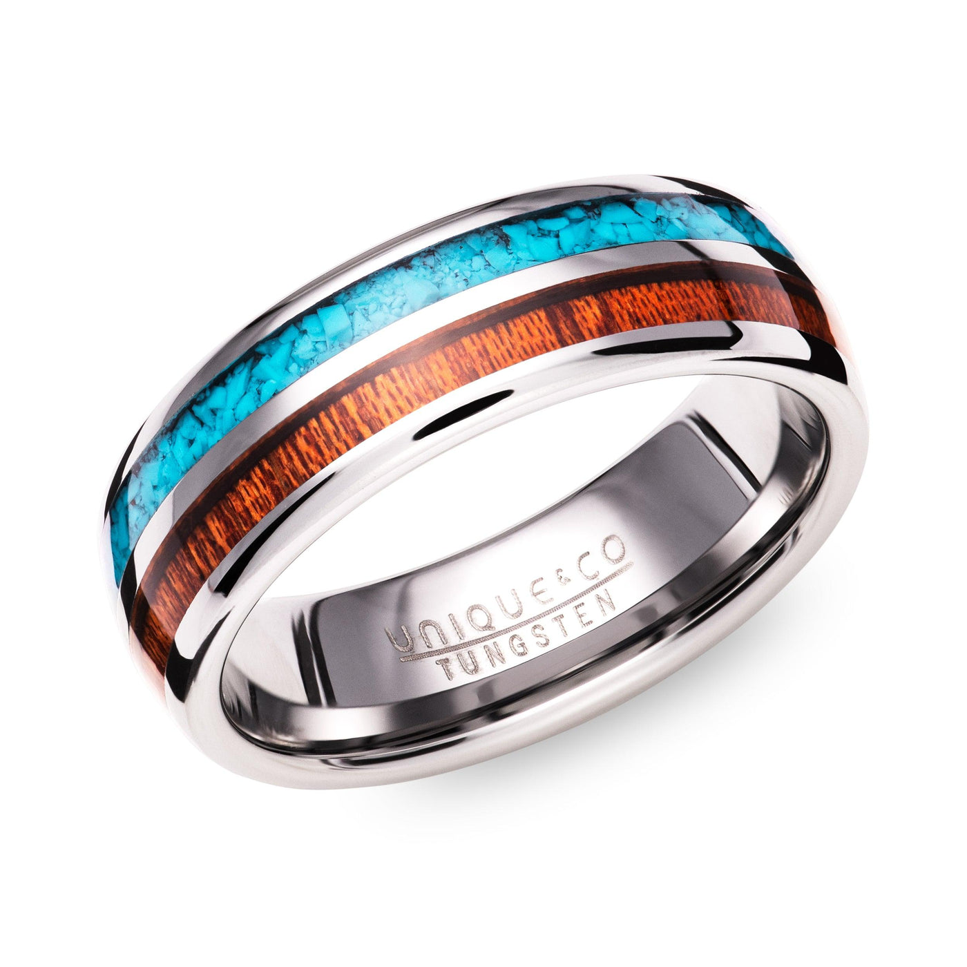 Unique & Co Tungsten Carbide Ring with Wood and Turquoise Inlay - Rococo Jewellery