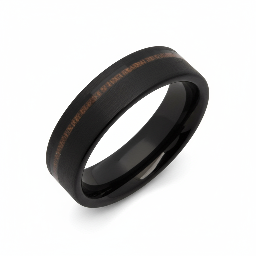 Tungsten Ring with a Wood Inlay and Matt Black Finish