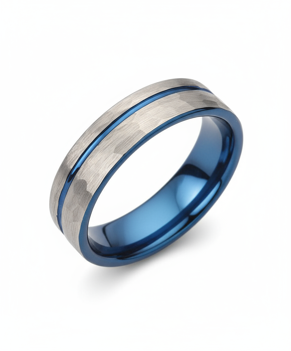 Tungsten Carbide Hammered Blue IP Ring