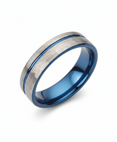 Tungsten Carbide Hammered Blue IP Ring