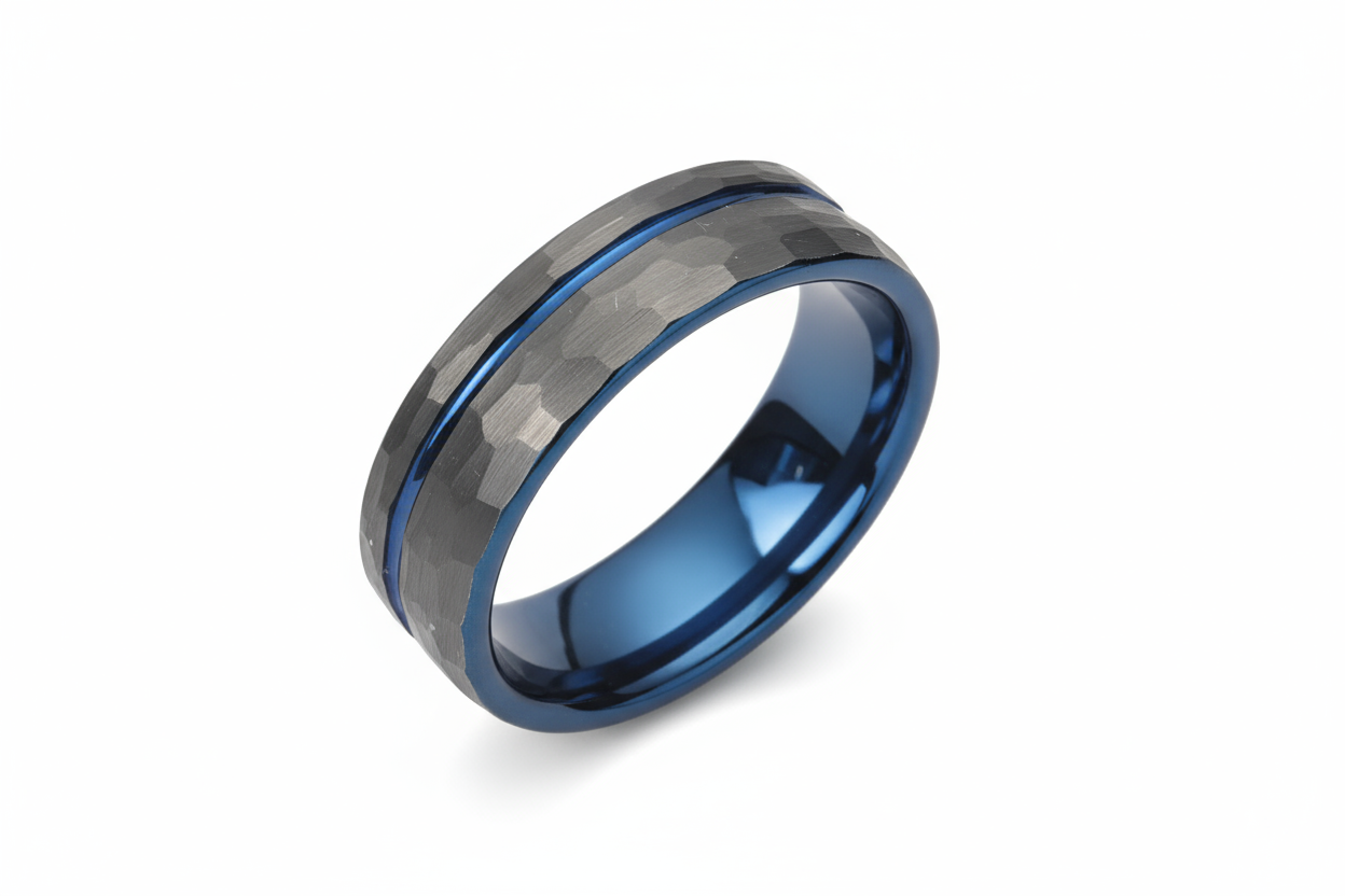 Hammered Tungsten with Blue IP Ring