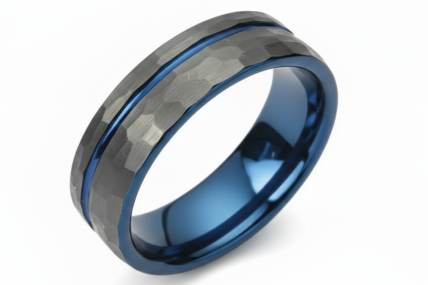 Hammered Tungsten with Blue IP Ring