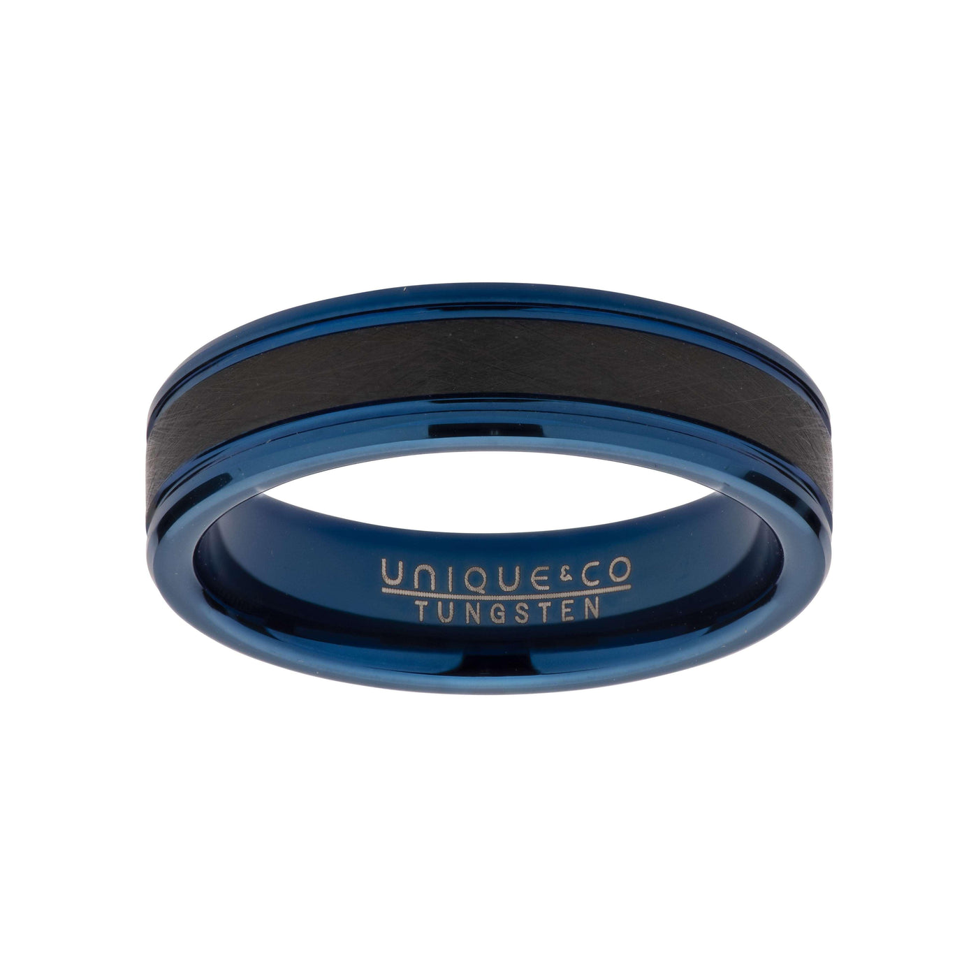 Unique & Co 6mm Tungsten Carbide Ring with Black and Blue IP - Rococo Jewellery