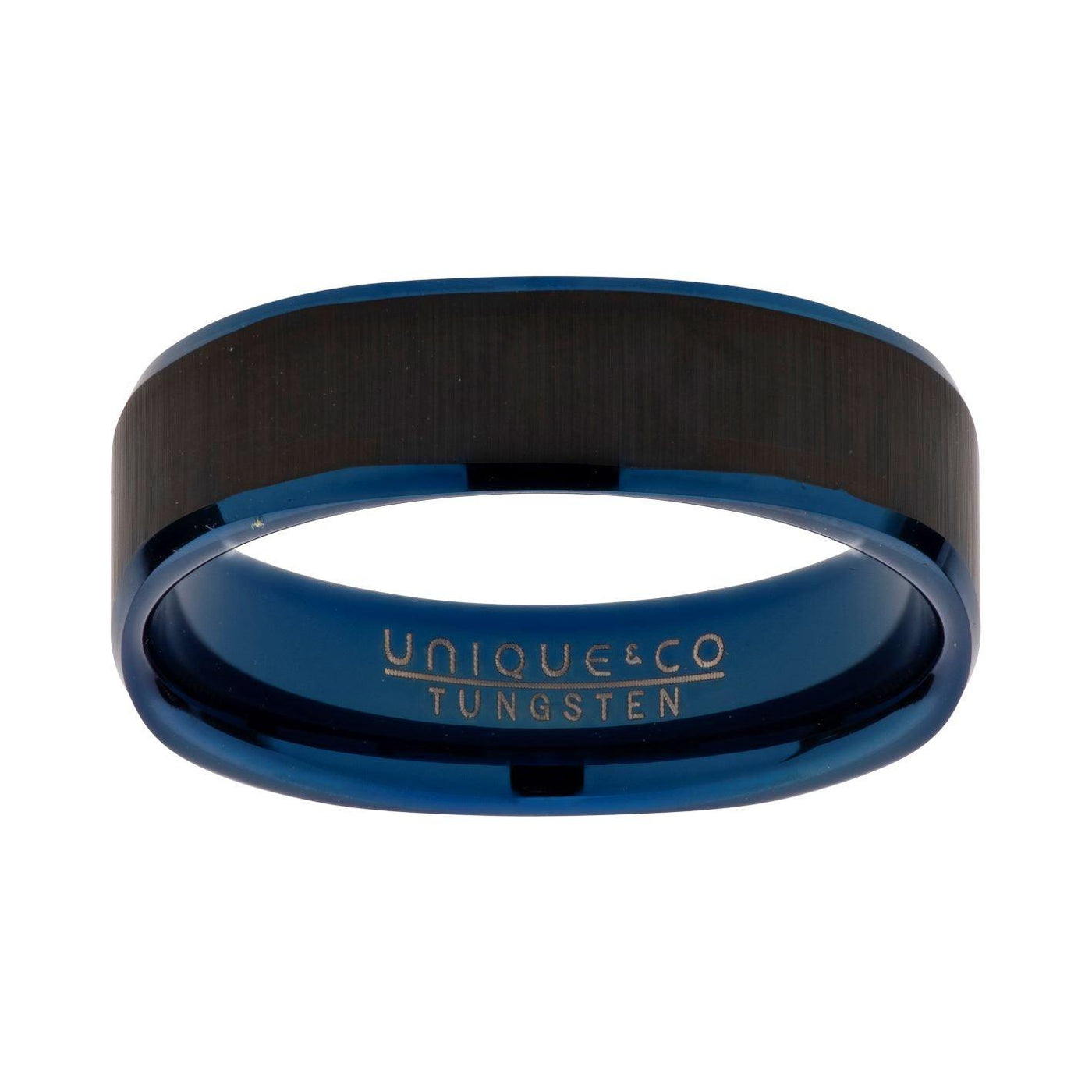 Unique & Co 6mm Blue and Black IP Tungsten Square Profile Ring - Rococo Jewellery