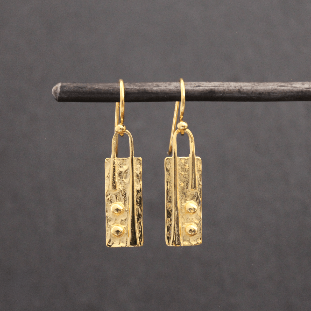 Gold Hammered Rectangle Drop Earrings - Rococo Jewellery