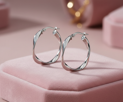 9ct White Gold Twist Hoop Earrings