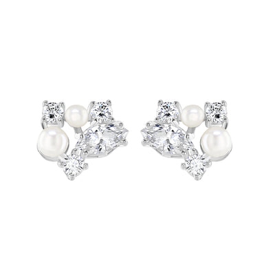 Sterling Silver Button Pearl and Cubic Zirconia Stud Earrings