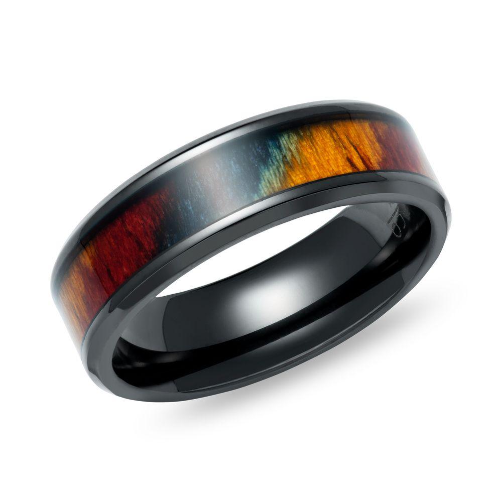 Unique & Co Multicoloured Wood Inlay Black Zirconium Ring - Rococo Jewellery
