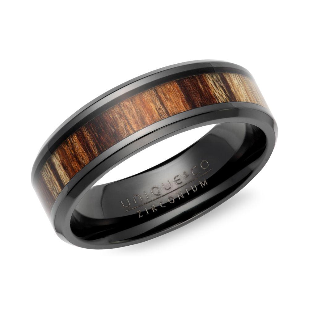 Unique & Co Wood Inlay Black Zirconium Ring - Rococo Jewellery