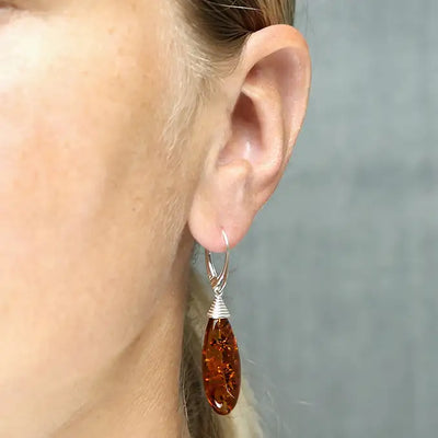 Sterling Silver Amber Cone Top Drop Earrings