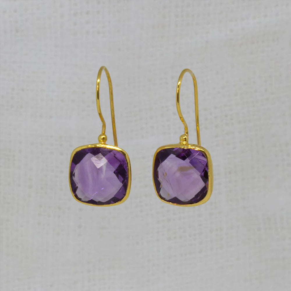 18ct Gold Vermeil Amethyst Square Cushion Drop Earrings