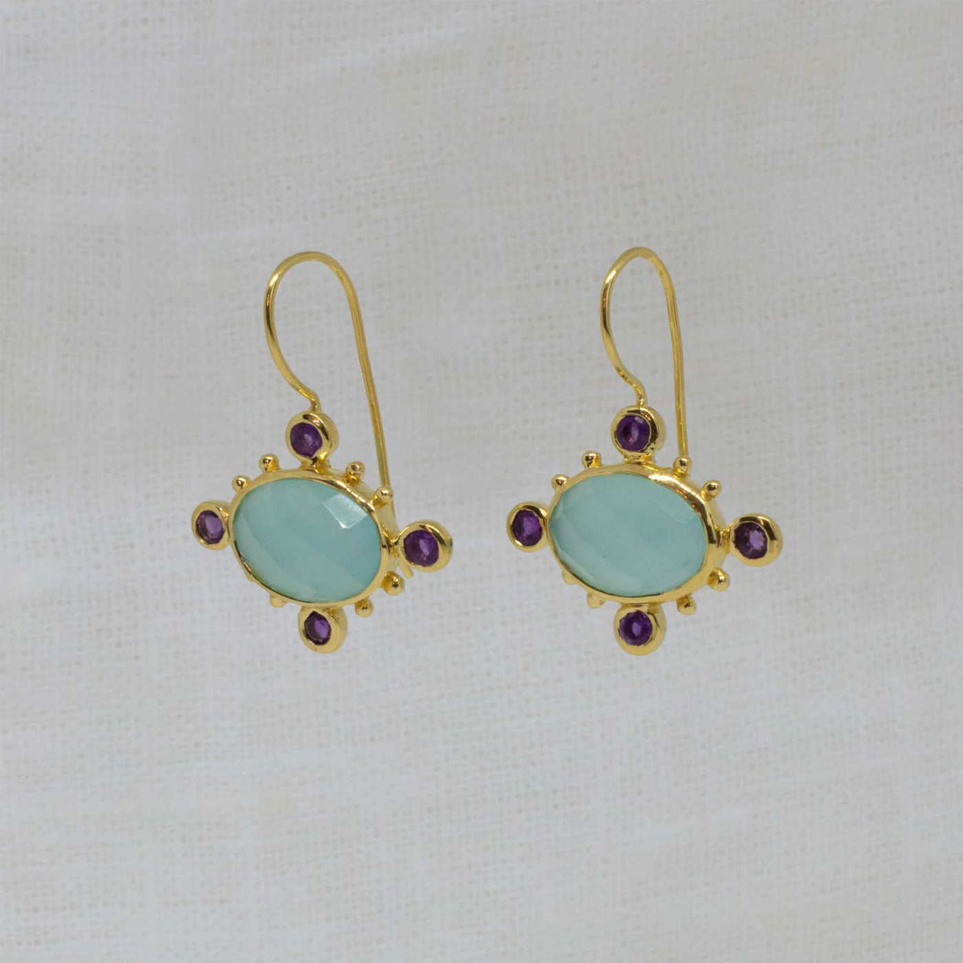 18ct Gold Vermeil Aqua Chalcedony Amethyst Drop Earrings