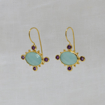 18ct Gold Vermeil Aqua Chalcedony Amethyst Drop Earrings