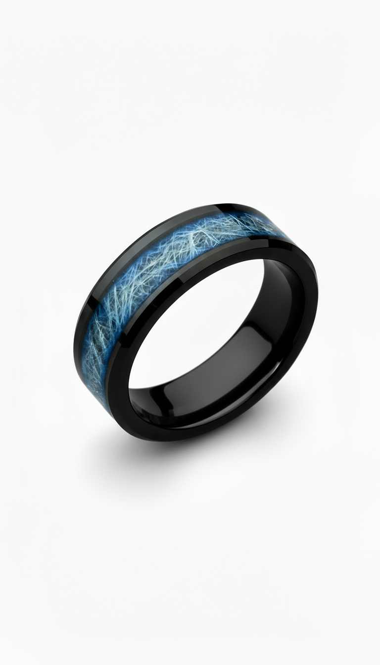 Tungsten Carbide and Meteorite Black and Blue Ring