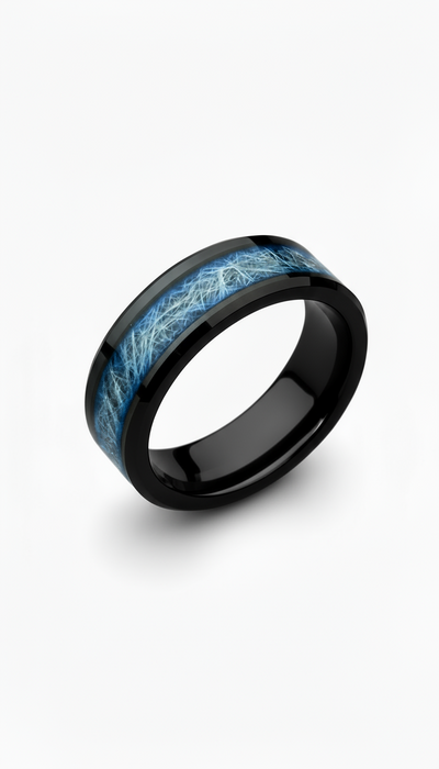 Tungsten Carbide and Meteorite Black and Blue Ring