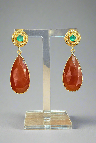Gold Carnelian & Green Onyx Stud Teardrop Earrings