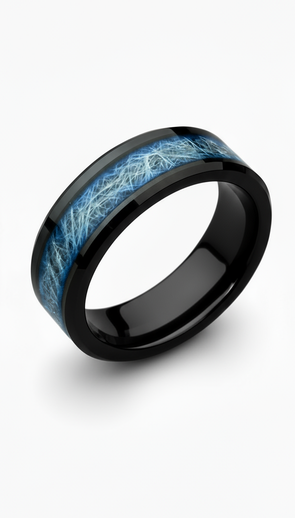 Tungsten Carbide and Meteorite Black and Blue Ring