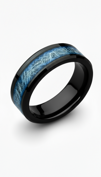 Tungsten Carbide and Meteorite Black and Blue Ring