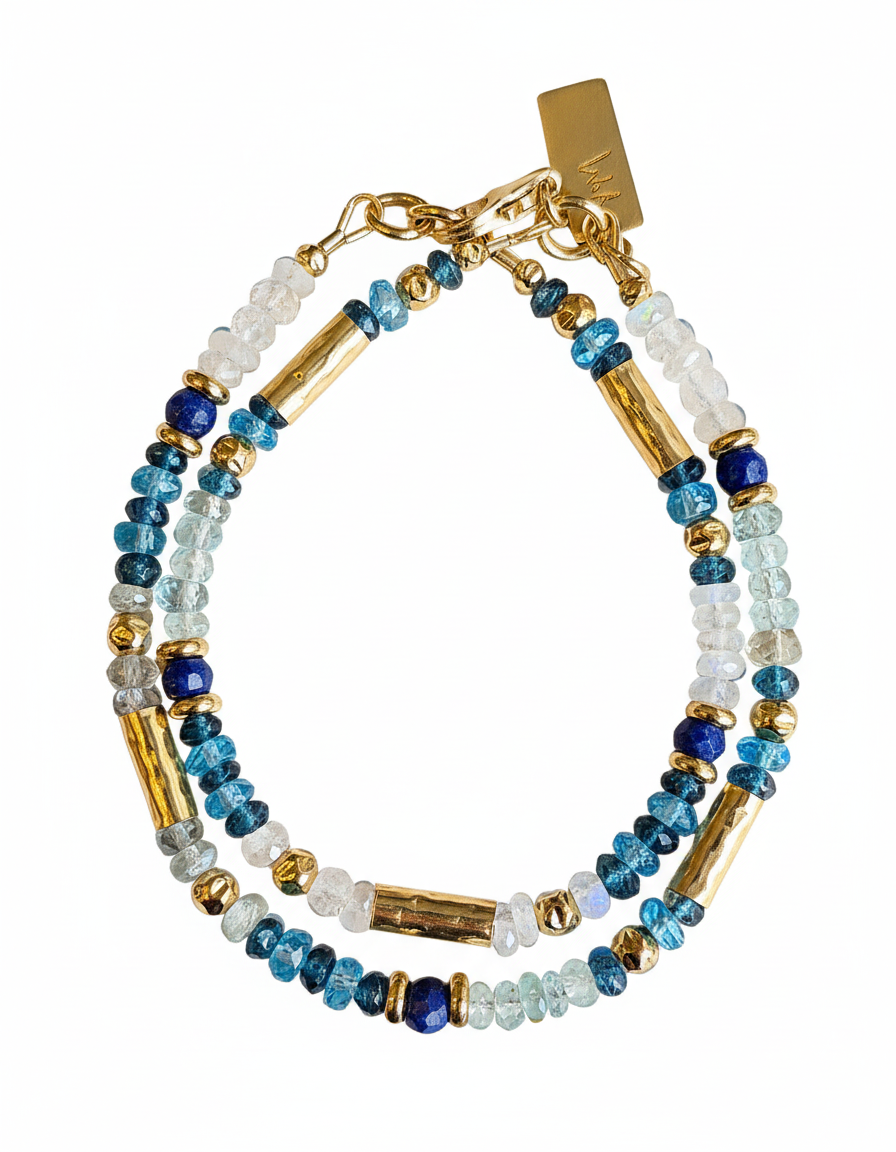 Double Row Blue Topaz and Moonstone Bracelet