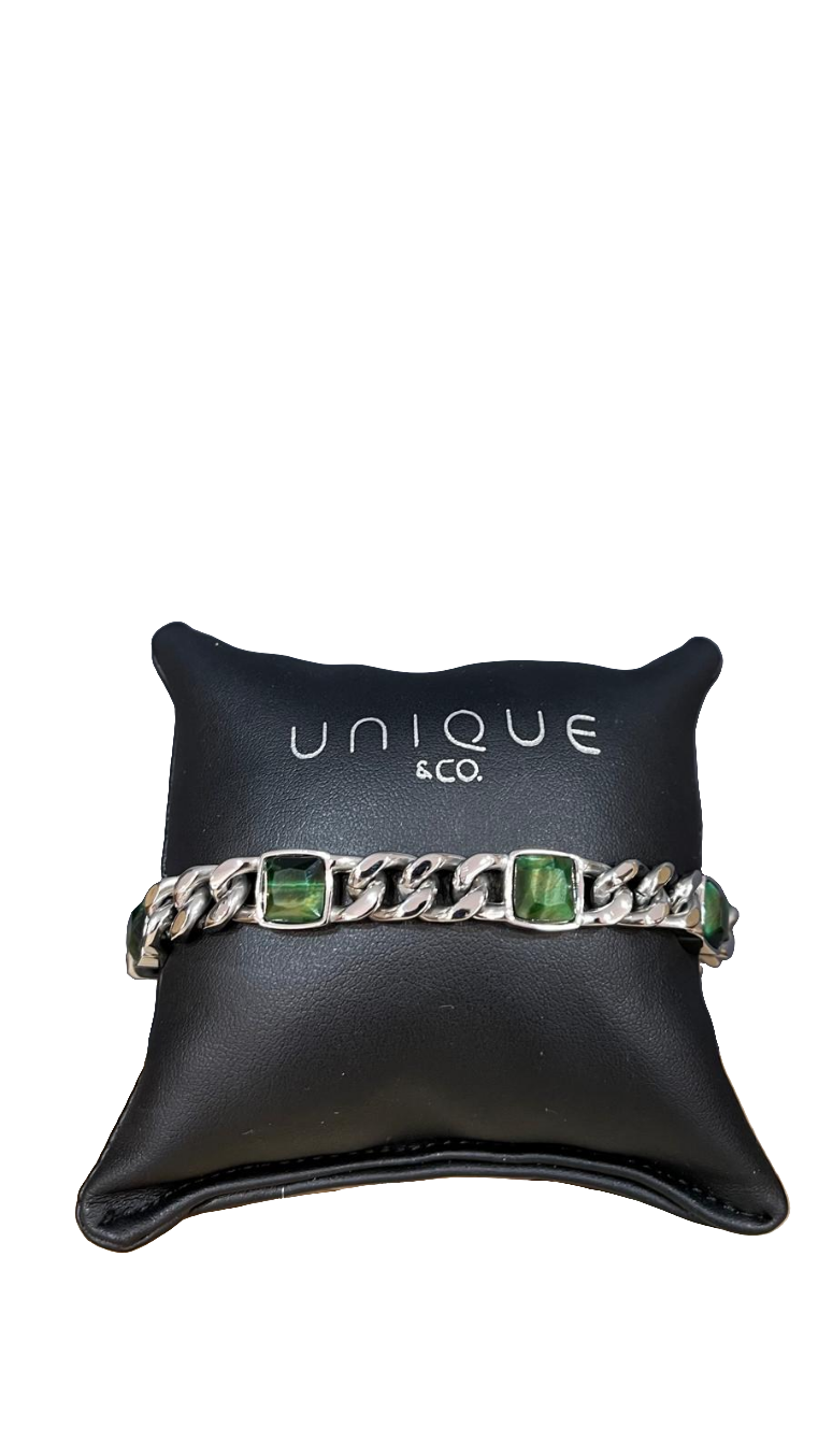 Unique & Co Steel and Green Tigers Eye Bracelet