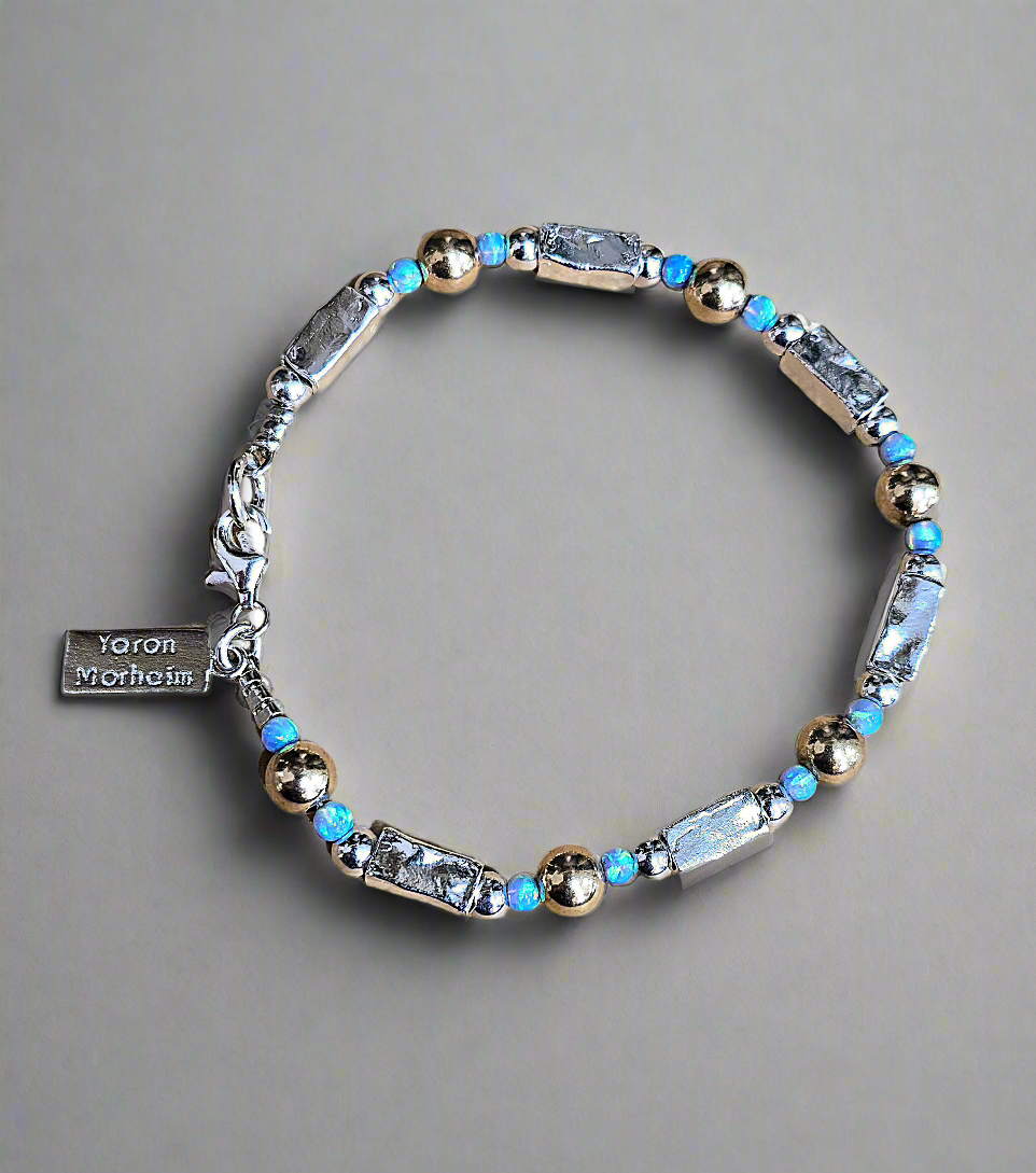 Gold and Blue Opal Silver Barrels Bracelet