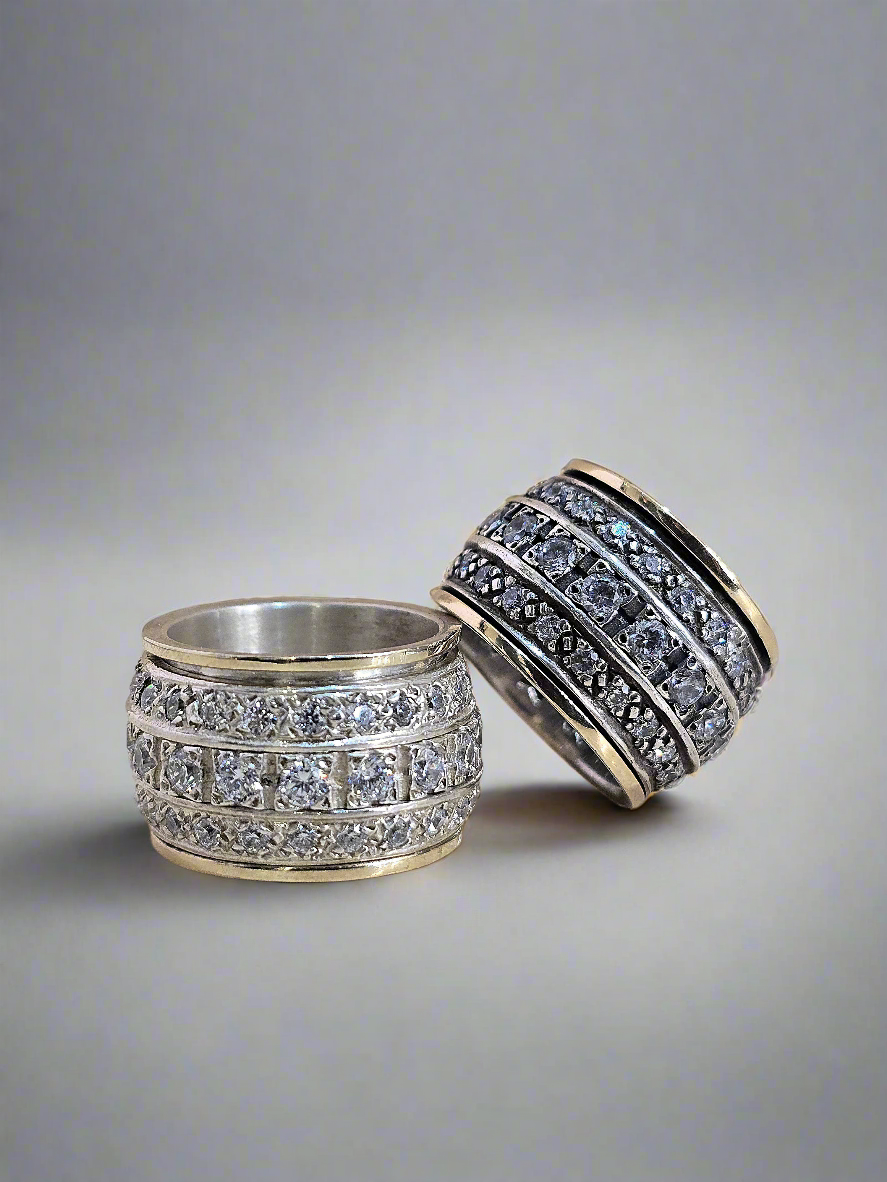 9ct Gold and Silver Wide Spinning Ring with Cubic Zirconia Stones