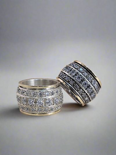 9ct Gold and Silver Wide Spinning Ring with Cubic Zirconia Stones