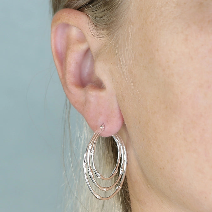 Sterling Silver Triple Bamboo Style Hoop Earrings