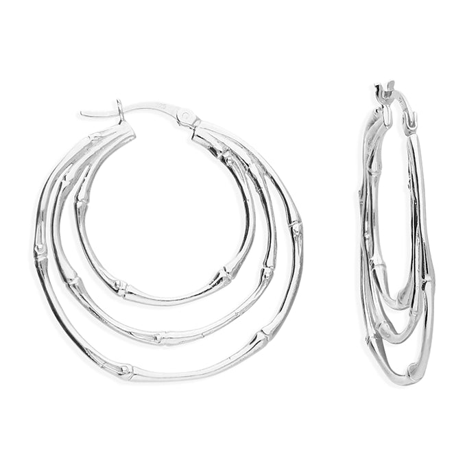 Sterling Silver Triple Bamboo Style Hoop Earrings