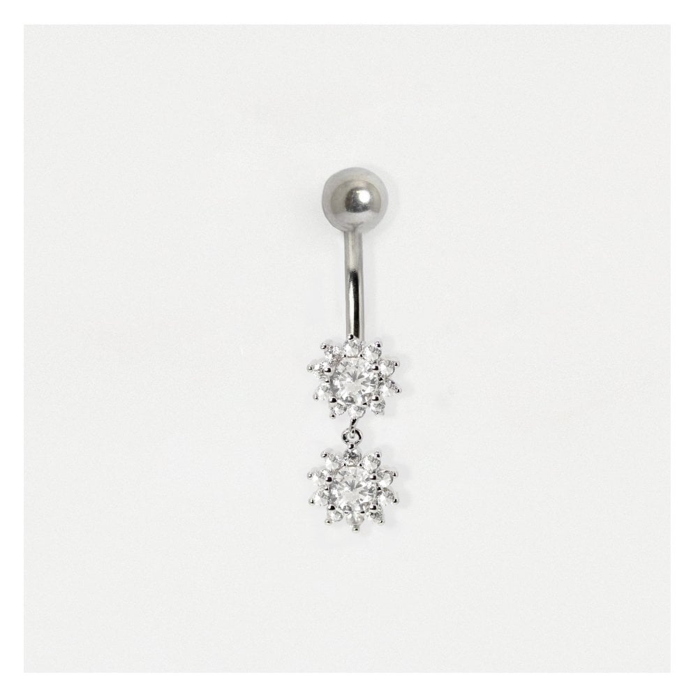 Silver Steel Crystal Belly Bar