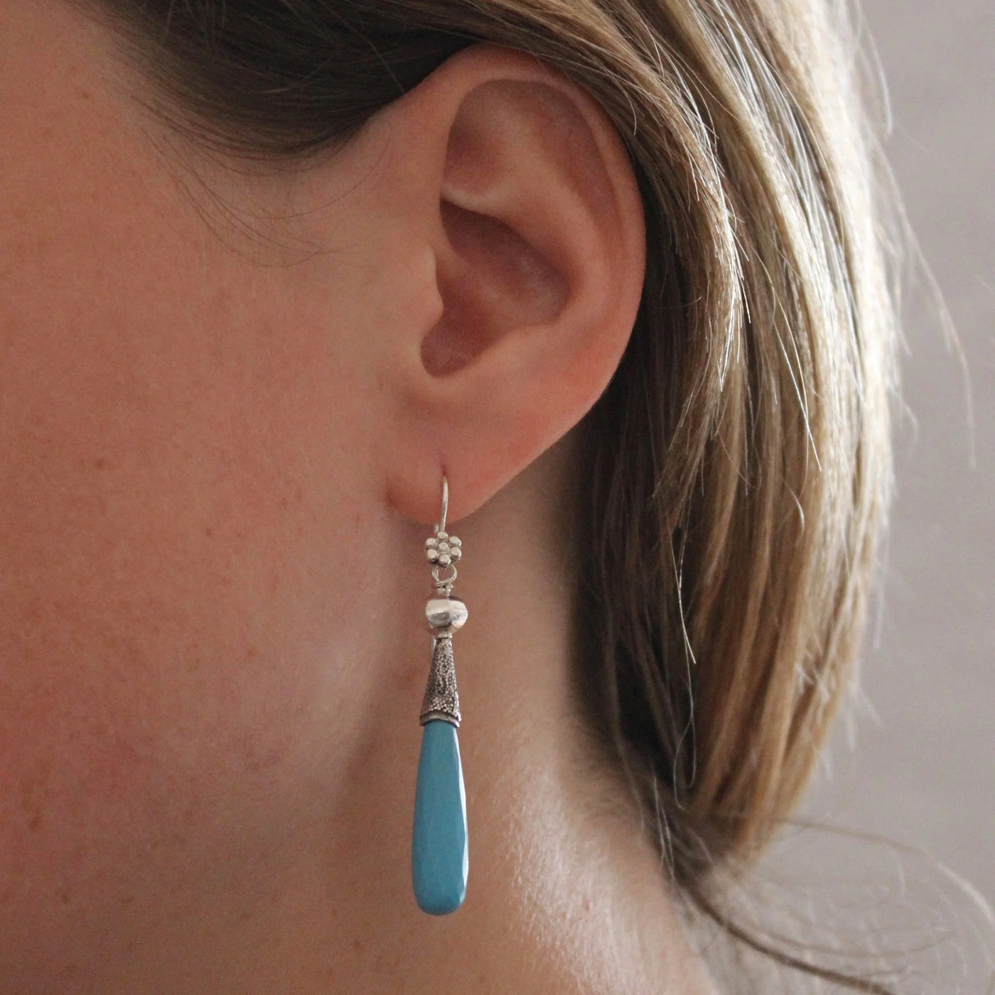 Sterling Silver Long Turquoise Granulation Drop Earrings