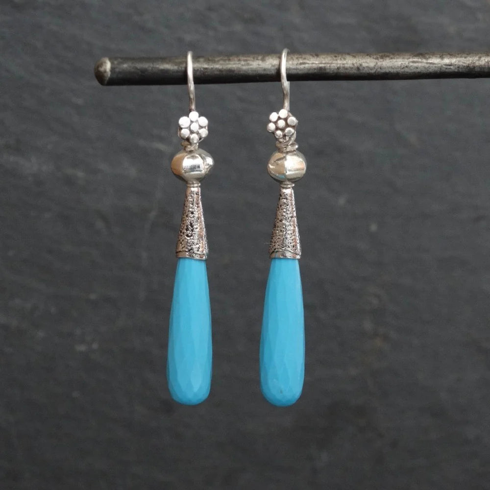 Sterling Silver Long Turquoise Granulation Drop Earrings