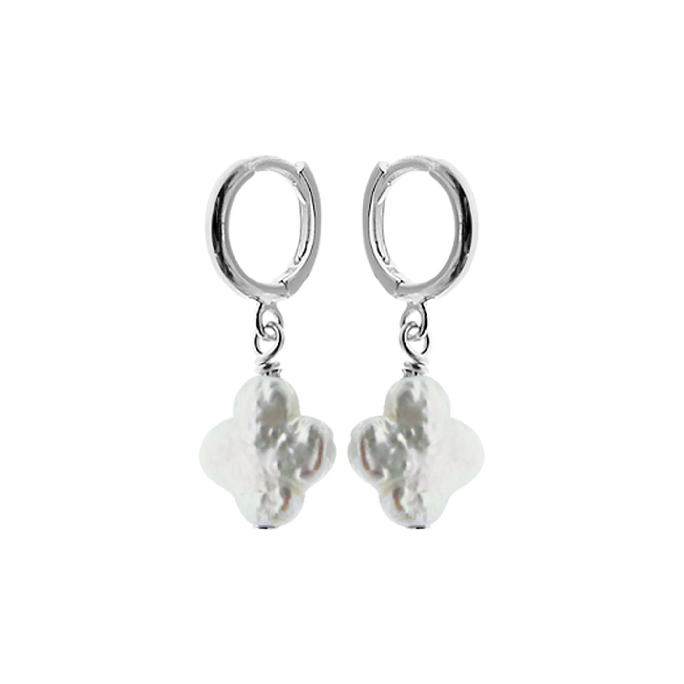 Sterling Silver Pearl Clover Charm Hoop Earrings