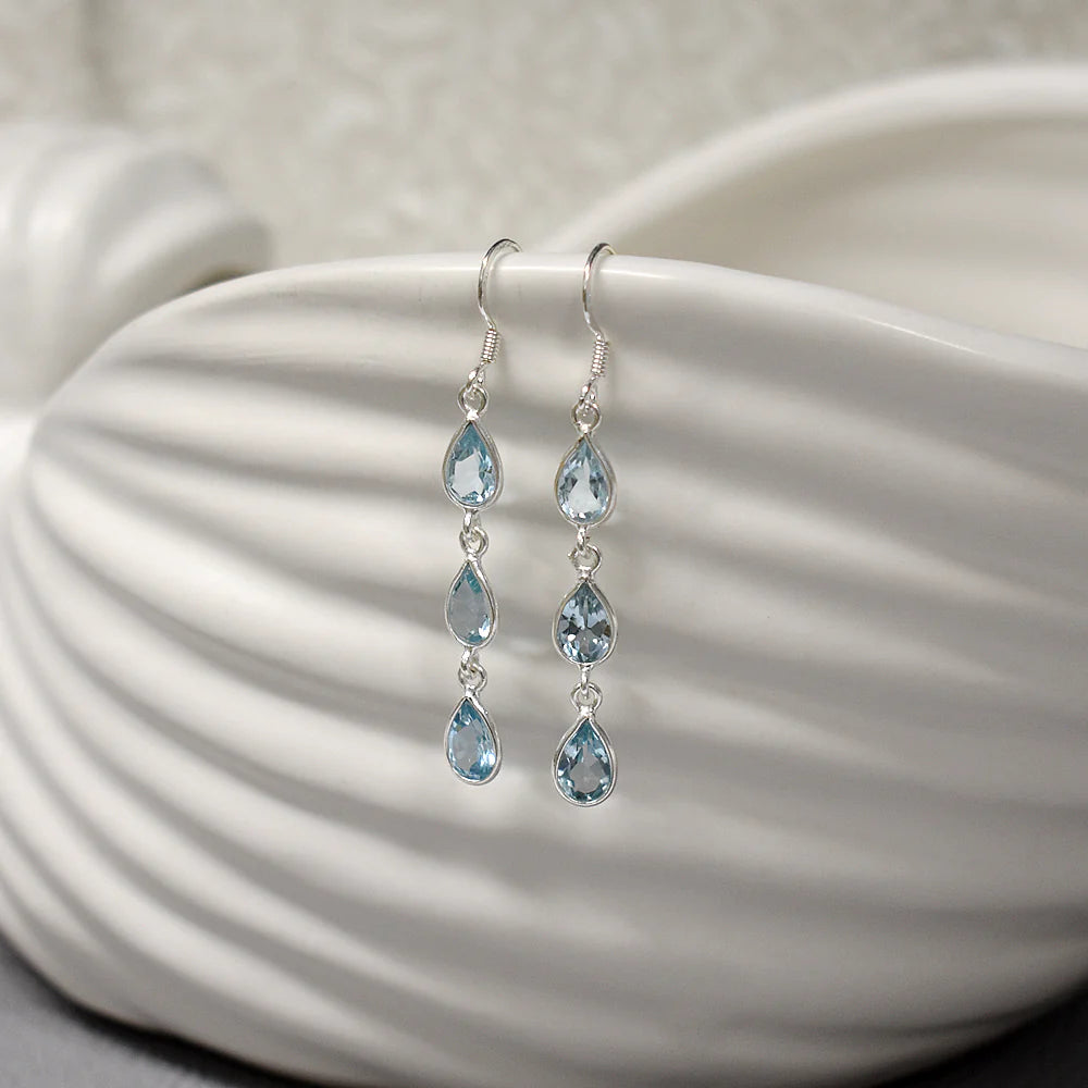 Sterling Silver Triple Teardrop Blue Topaz Earrings