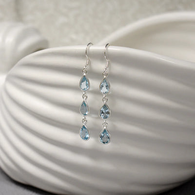 Sterling Silver Triple Teardrop Blue Topaz Earrings