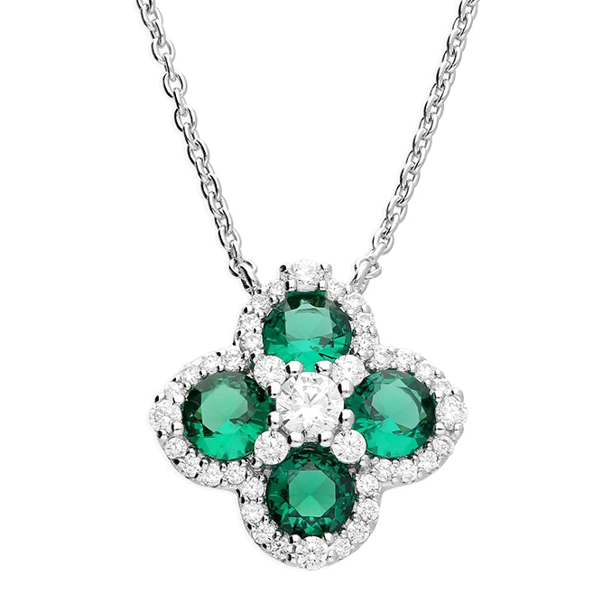 Sterling Silver Cubic Zirconia Green White Clover Necklace