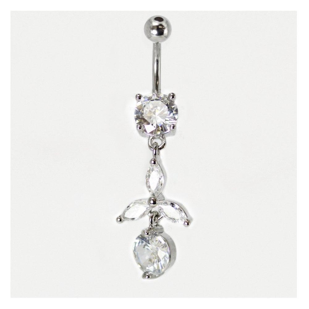 Silver Petals Gemset Drop Navel Bar - Rococo Jewellery