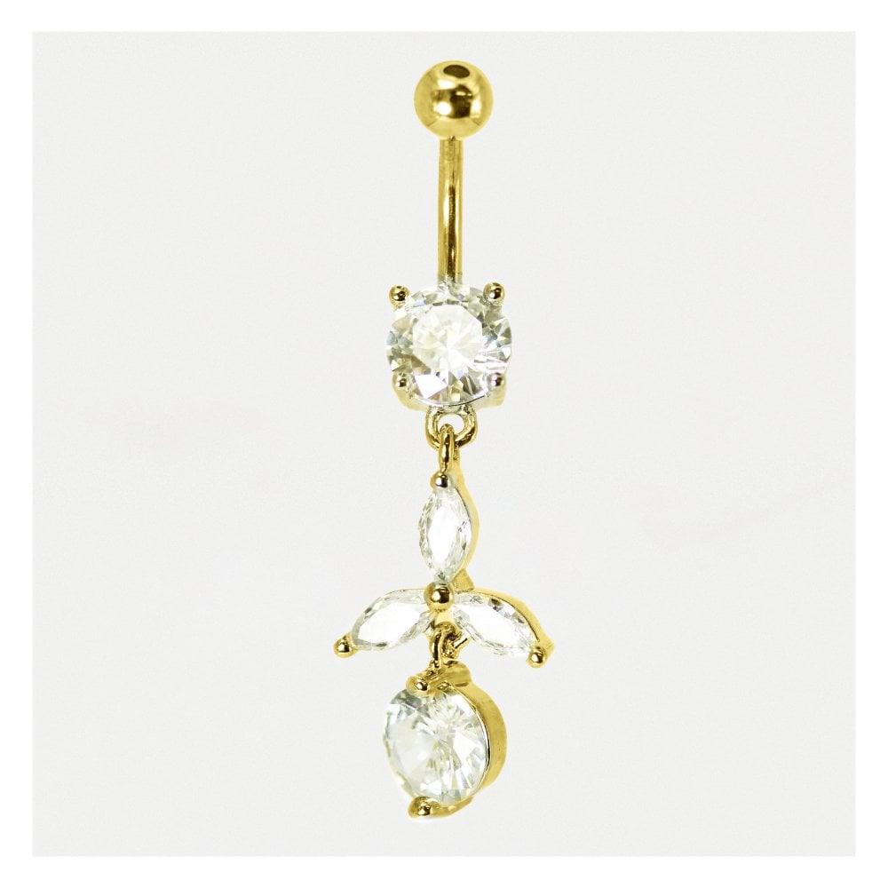 Gold Petals Gemset Drop Navel Bar - Rococo Jewellery