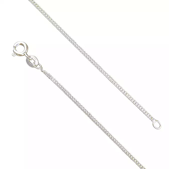A sterling silver curb chain necklace with a light diamond-cut design, showing the front view on a white background.