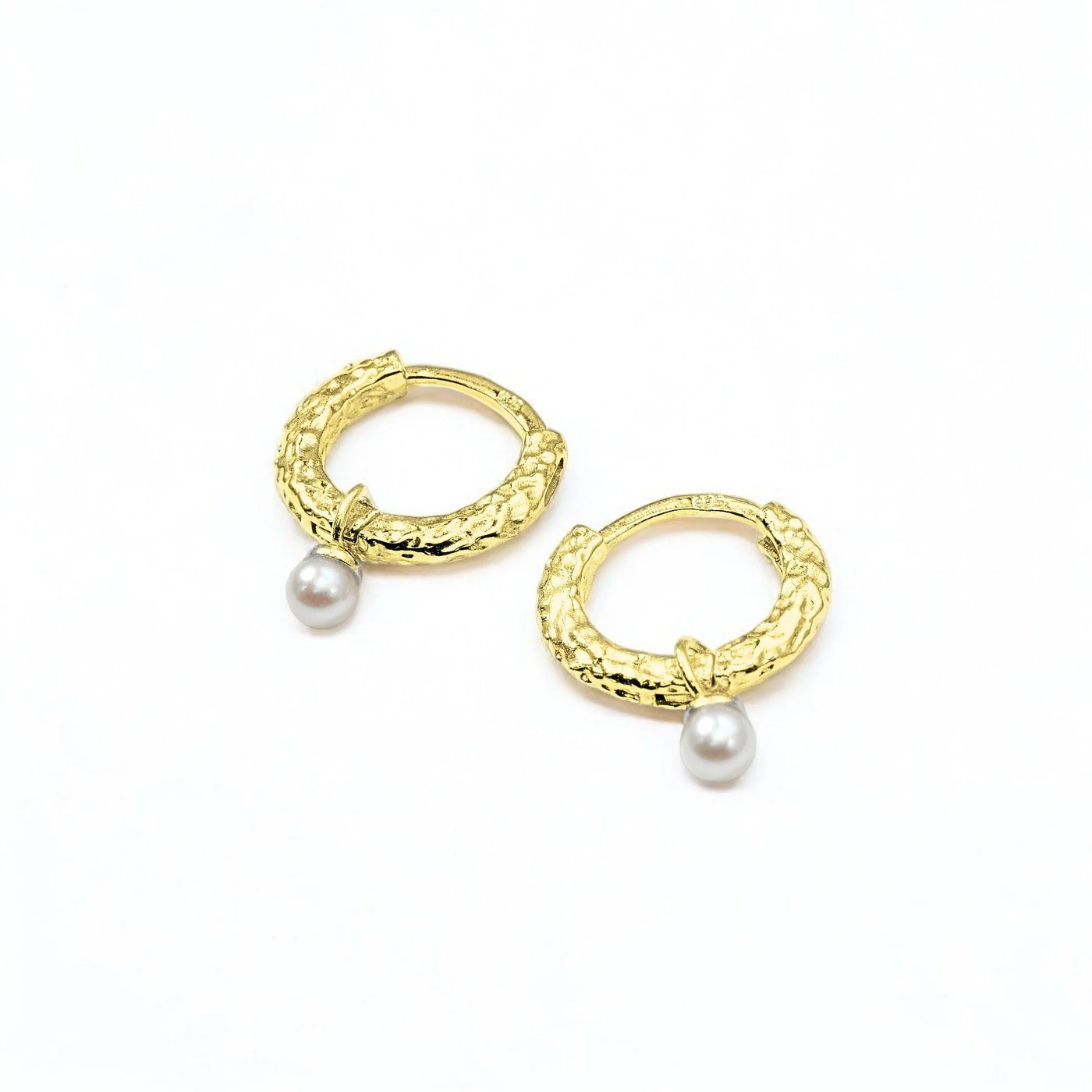 Gold Vermeil Pearl Hammered Huggie Earrings