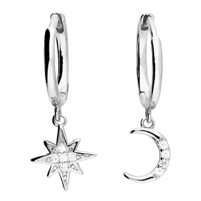 Sterling Silver Cubic Zirconia Moon and Star Huggie Earrings