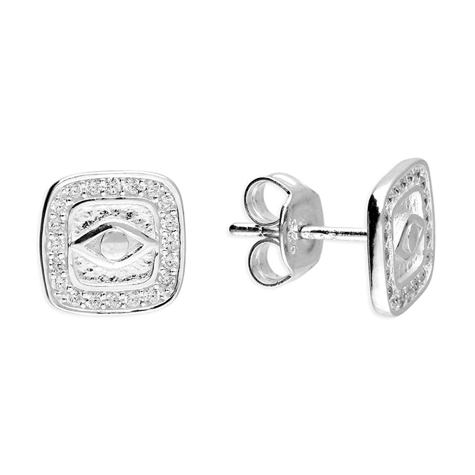 Sterling Silver Cubic Zirconia Square Evil Eye Stud Earrings