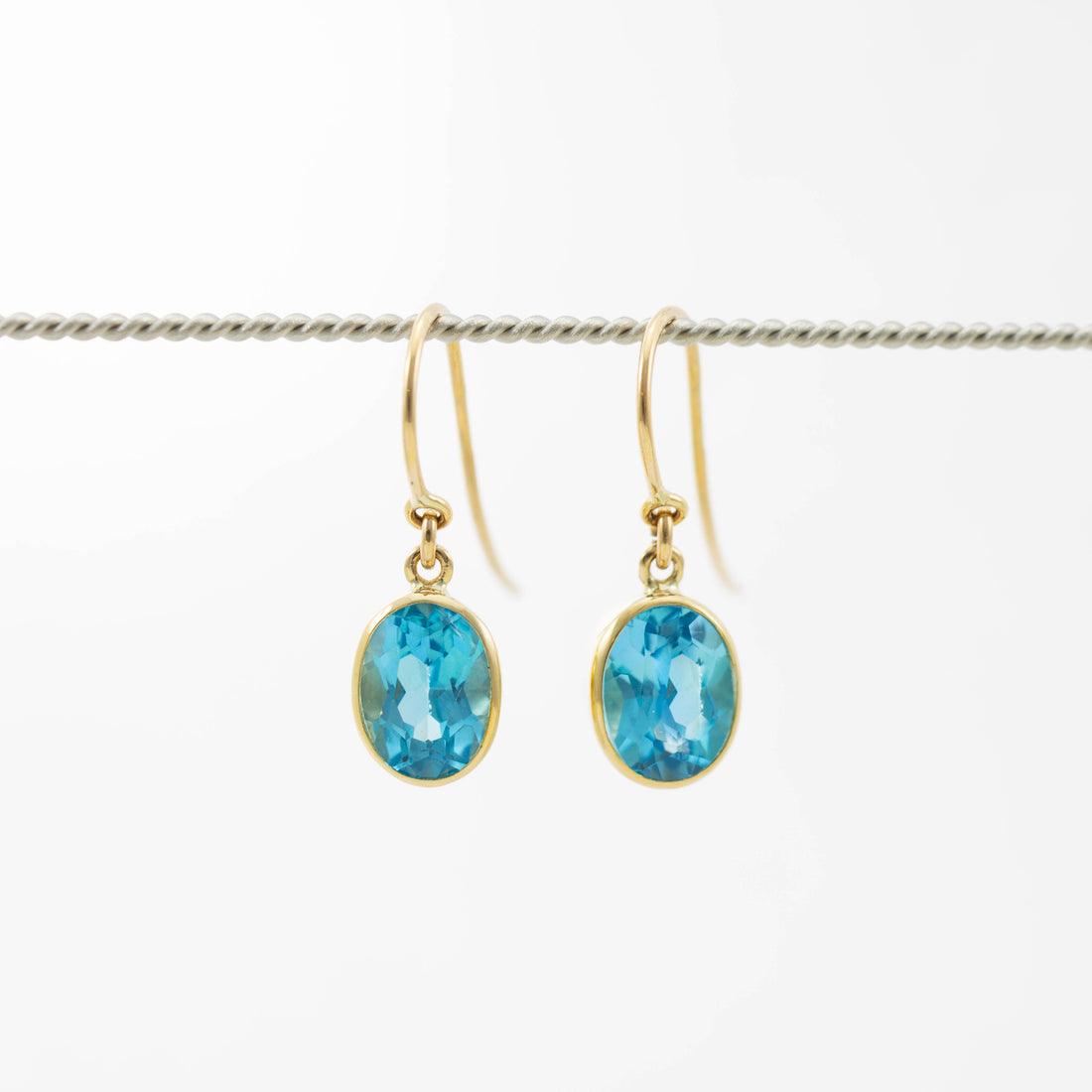 Simon Alexander 9ct Gold Blue Topaz Drop Earrings - Rococo Jewellery