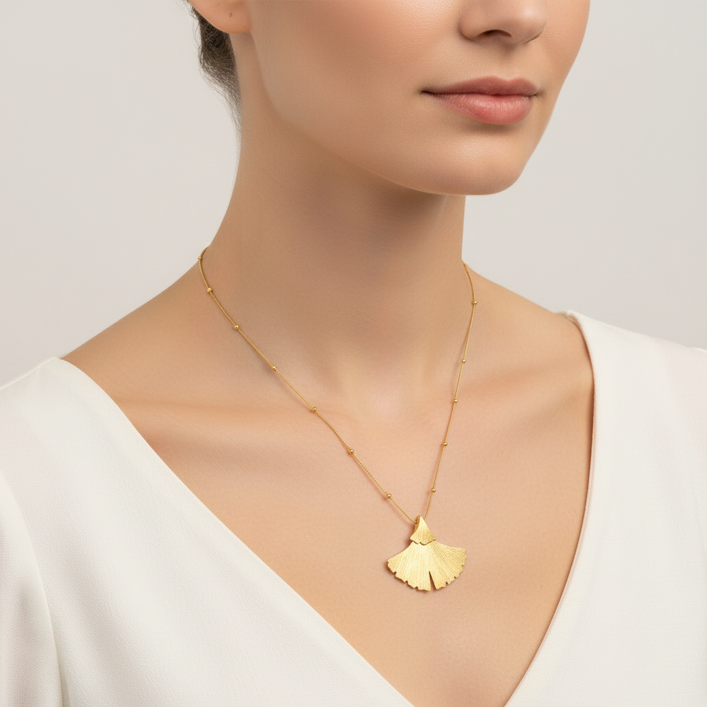 18ct Gold Vermeil Textured Gingko Leaf Pendant Necklace