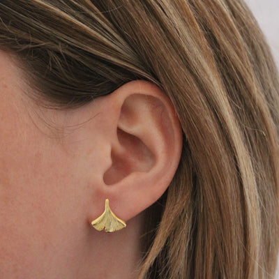 18ct Gold Vermeil Textured Ginkgo Leaf Stud Earrings