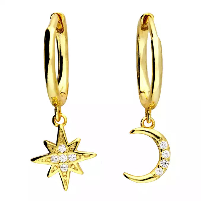 Gold Vermeil Cubic Zirconia Moon and Star Huggie Earrings