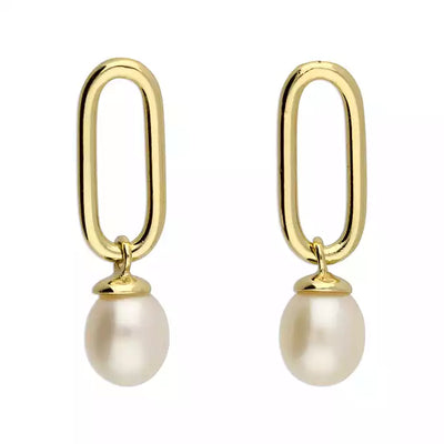 18ct Gold Plated Pearl Oval Outline Drop Earrings