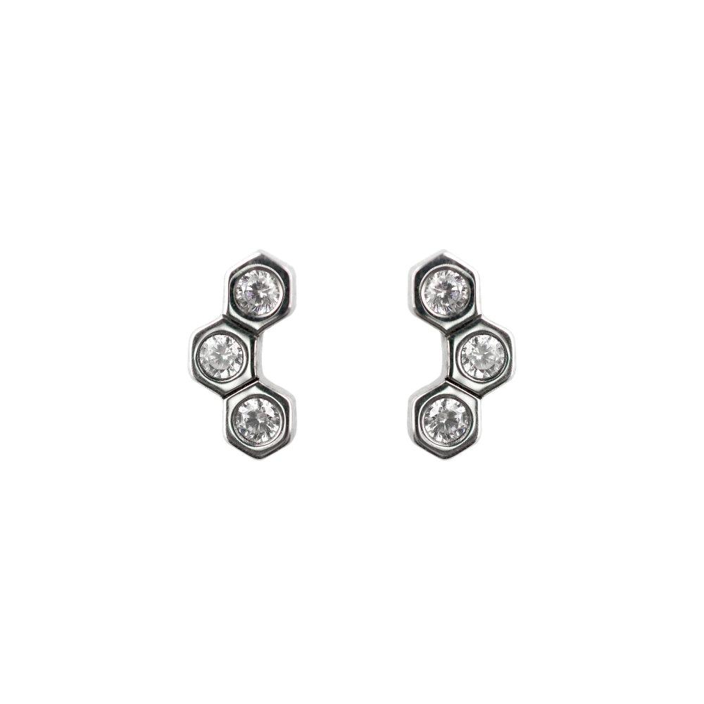 Triple Hex Cubic Zirconia Stud Earrings - Rococo Jewellery