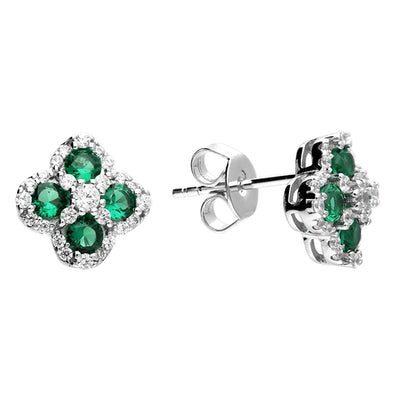 Sterling Silver Cubic Zirconia Green White Clover Stud Earrings