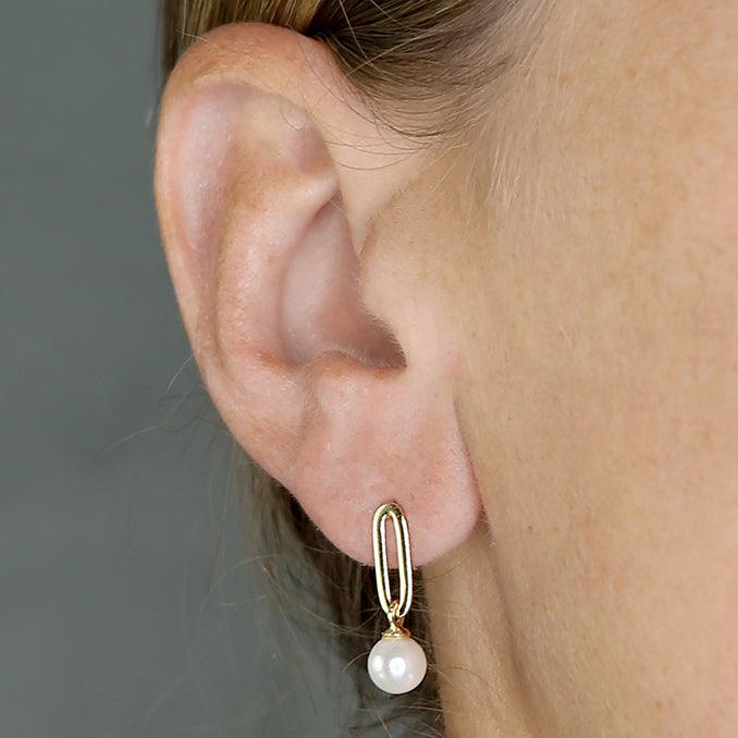 Gold Vermeil Sterling Silver Paperclip Earrings with a Pearl Drop - Rococo Jewellery